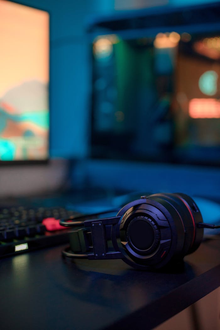 Close-up of gaming headphones in a colorful, modern computer setup.